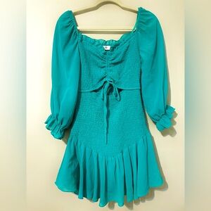 Teal Smocked Dress with Puffy Sleeves & Cut Out